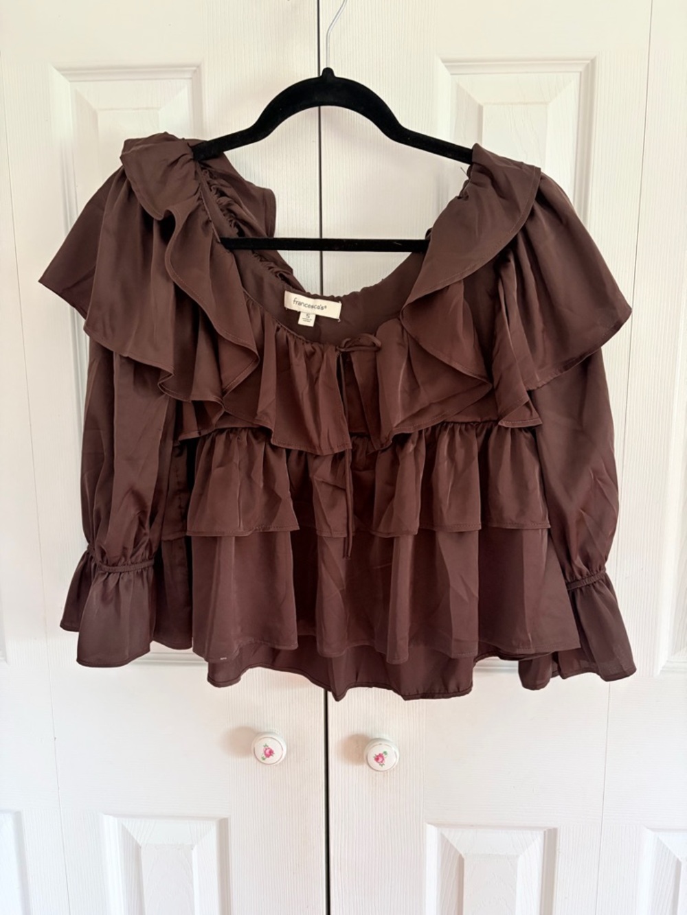 Francesca's Collections Chocolate Brown Ruffle Peasant Top